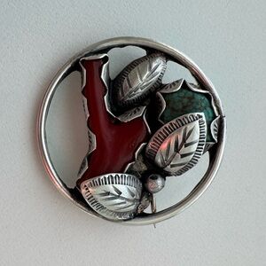 Vintage Sterling Silver Turquoise Coral Brooch Artisan Native Style Statement